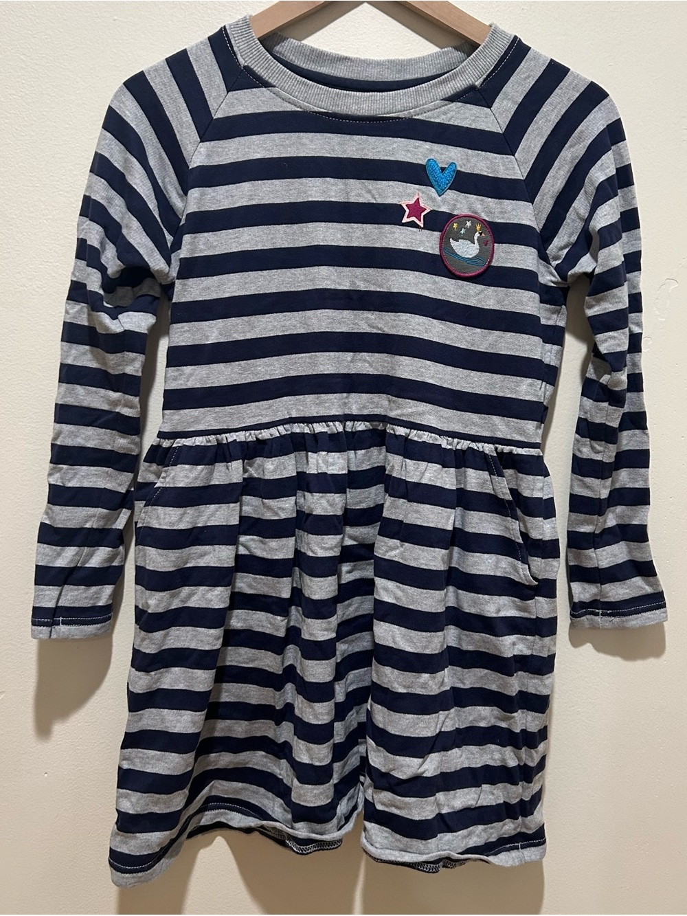 Hanna Andersson Long Sleeve Grey & Navy Blue Striped Pocket Swan Dress - Size 12